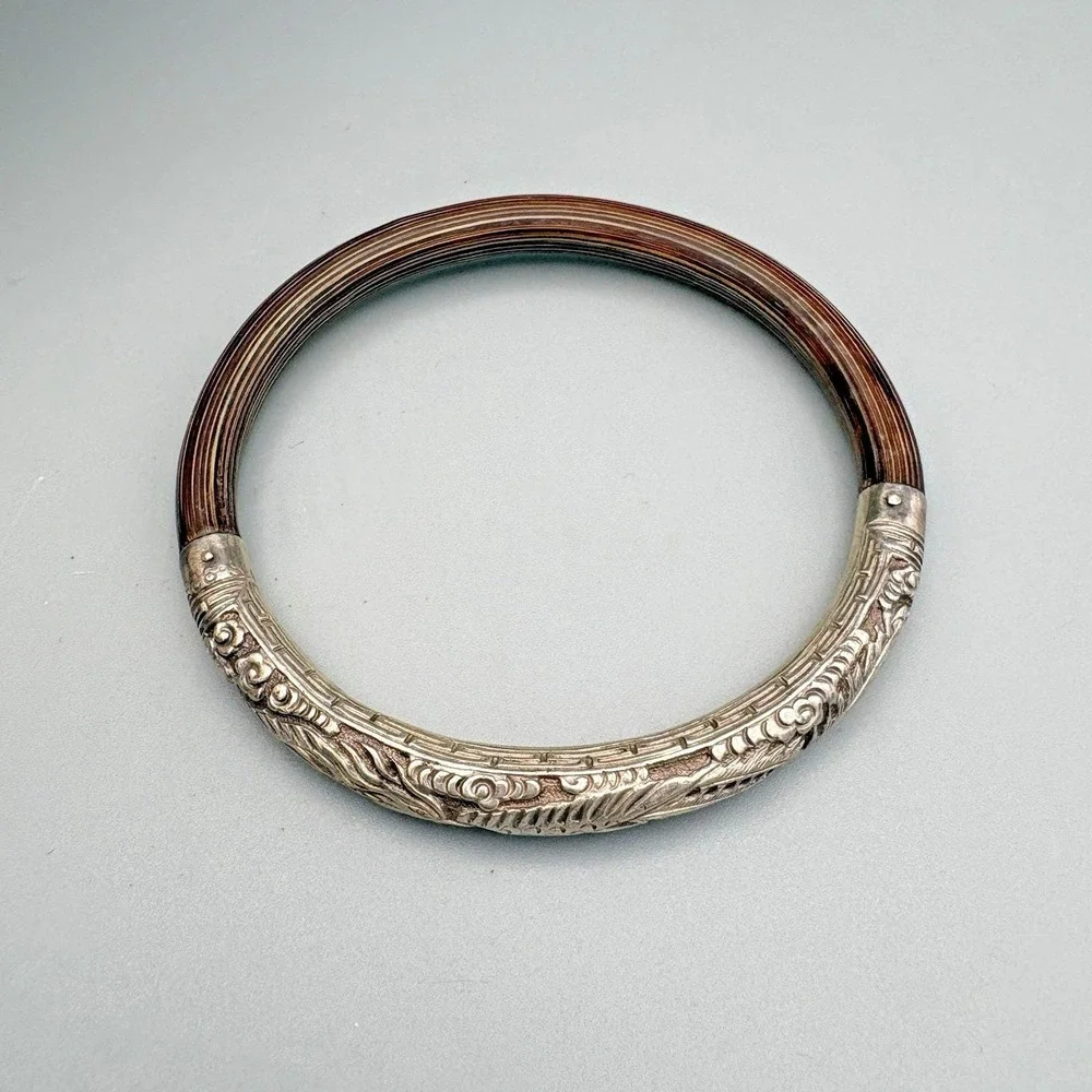Vintage Chinese Silver Bangle Rattan Phoenix Bamboo Wood 8.25